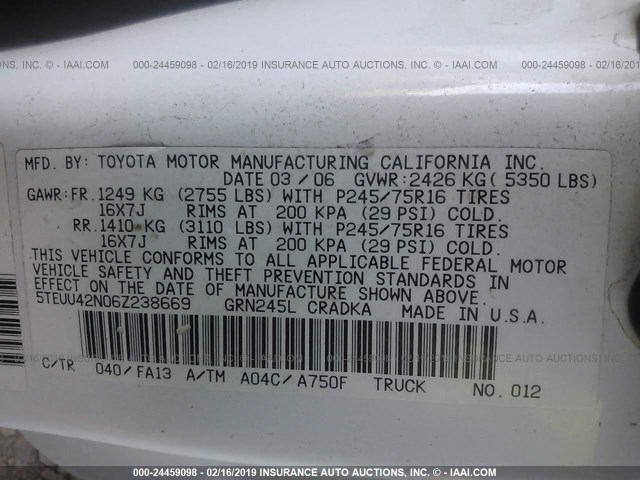 5TEUU42N06Z238669 - 2006 TOYOTA TACOMA ACCESS CAB WHITE photo 9