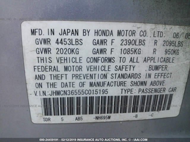 JHMCN36555C015195 - 2005 HONDA ACCORD HYBRID SILVER photo 9