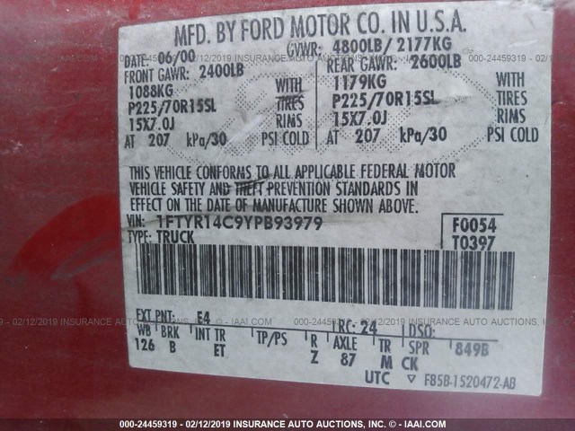 1FTYR14C9YPB93979 - 2000 FORD RANGER SUPER CAB RED photo 9