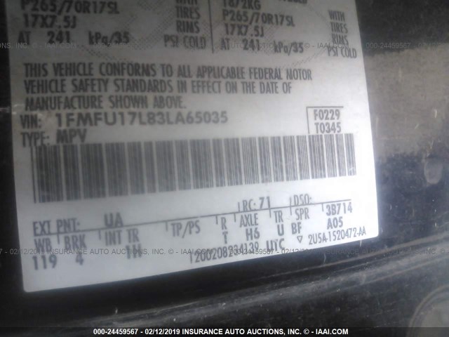 1FMFU17L83LA65035 - 2003 FORD EXPEDITION EDDIE BAUER BLACK photo 9