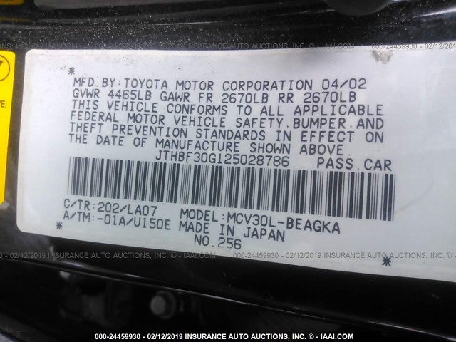 JTHBF30G125028786 - 2002 LEXUS ES 300 BLACK photo 9