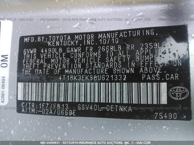 4T1BK3EK8BU621332 - 2011 TOYOTA CAMRY SE/LE/XLE 银色 照片 9