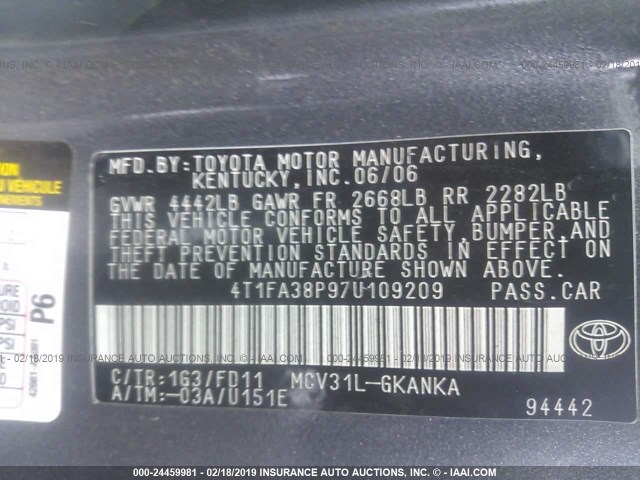 4T1FA38P97U109209 - 2007 TOYOTA CAMRY SOLARA SE/SLE GRAY photo 9