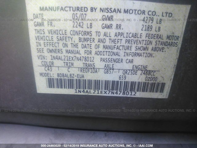 1N4AL21EX7N478012 - 2007 NISSAN ALTIMA 2.5/2.5S 金色 照片 9