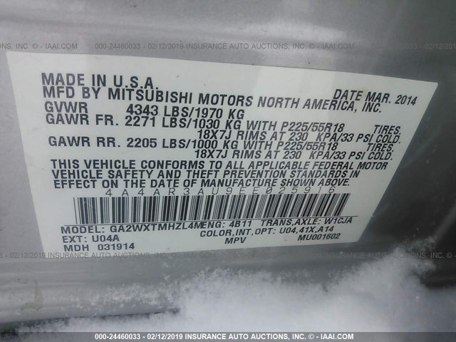 4A4AR3AU9EE025916 - 2014 MITSUBISHI OUTLANDER SPORT ES SILVER photo 9