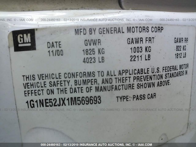 1G1NE52JX1M569693 - 2001 CHEVROLET MALIBU LS WHITE photo 9