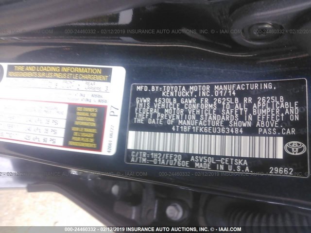 4T1BF1FK6EU363484 - 2014 TOYOTA CAMRY L/SE/LE/XLE 黑色 照片 9