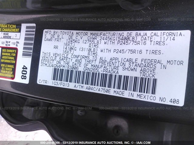 3TMJU4GN4FM183006 - 2015 TOYOTA TACOMA DOUBLE CAB PRERUNNER GRAY photo 9