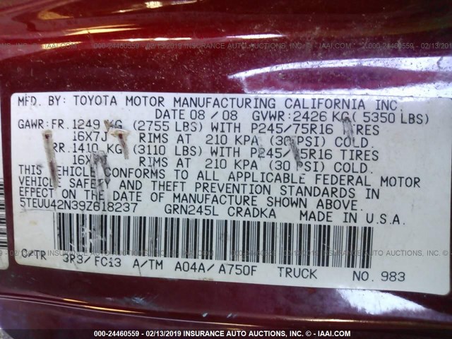 5TEUU42N39Z618237 - 2009 TOYOTA TACOMA ACCESS CAB წითელი ფოტო 9