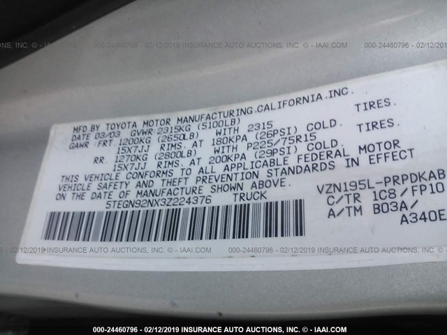 5TEGN92NX3Z224376 - 2003 TOYOTA TACOMA DOUBLE CAB PRERUNNER GRAY photo 9