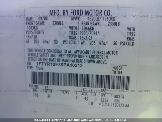 1FTYR10E39PA10312 - 2009 FORD RANGER WHITE photo 9