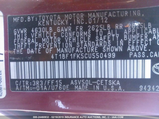 4T1BF1FK5CU550499 - 2012 TOYOTA CAMRY SE/LE/XLE 红色 照片 9