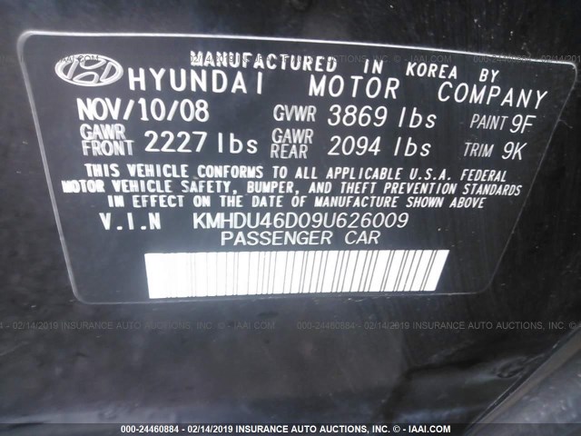 KMHDU46D09U626009 - 2009 HYUNDAI ELANTRA GLS/SE BLACK photo 9