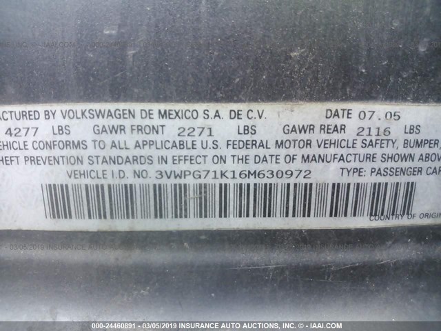 3VWPG71K16M630972 - 2006 VOLKSWAGEN JETTA VALUE GRAY photo 9