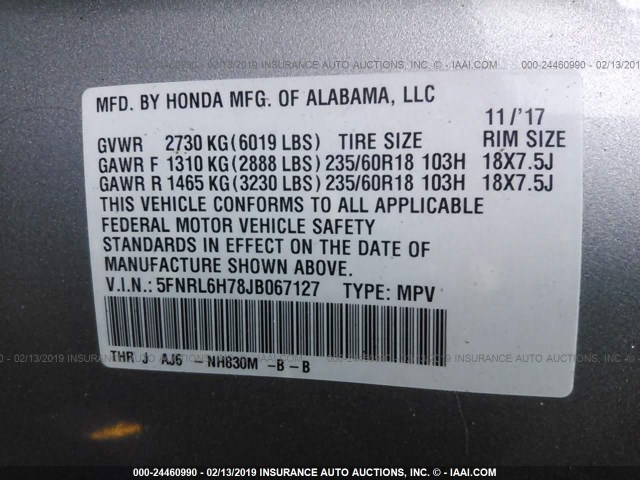 5FNRL6H78JB067127 - 2018 HONDA ODYSSEY EXL SILVER photo 9