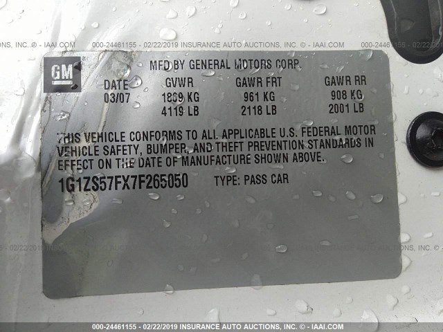 1G1ZS57FX7F265050 - 2007 CHEVROLET MALIBU LS WHITE photo 9