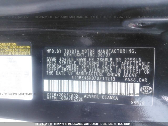 4T1BE46K97U711219 - 2007 TOYOTA CAMRY NEW GENERAT CE/LE/XLE/SE BLACK photo 9