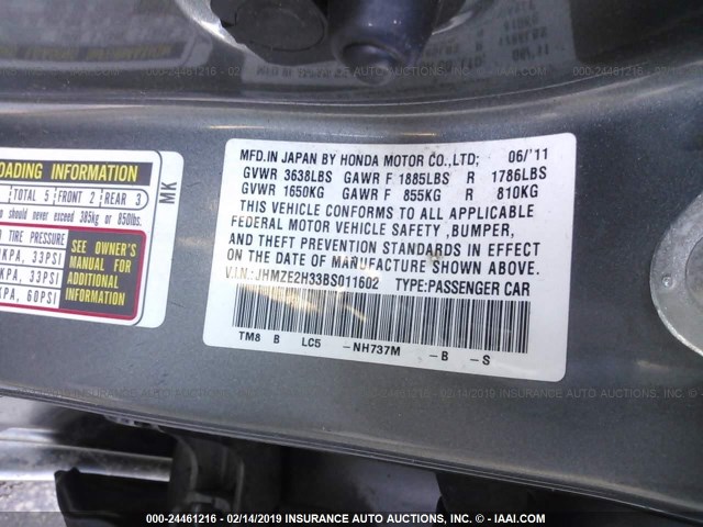 JHMZE2H33BS011602 - 2011 HONDA INSIGHT GRAY photo 9