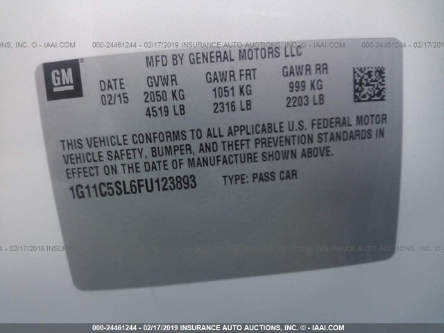 1G11C5SL6FU123893 - 2015 CHEVROLET MALIBU 1LT თეთრი ფოტო 9