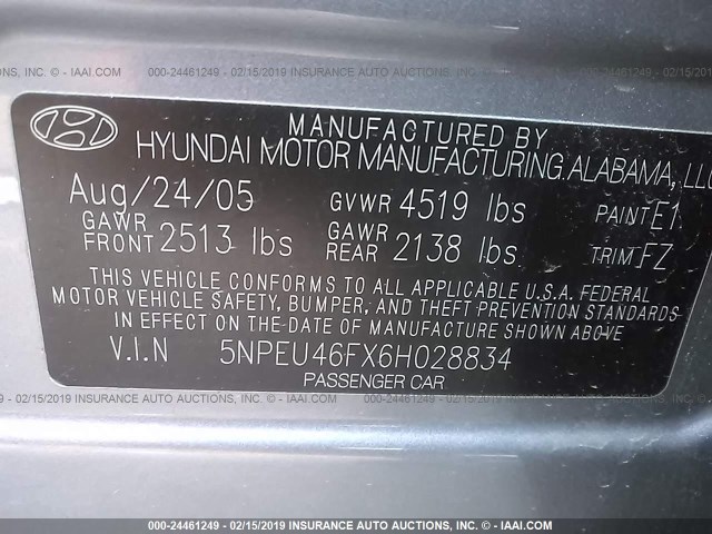 5NPEU46FX6H028834 - 2006 HYUNDAI SONATA GLS/LX GRAY photo 9