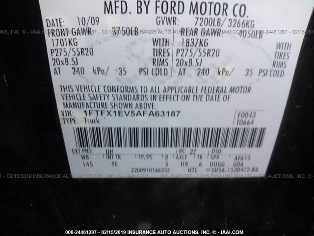 1FTFX1EV5AFA63187 - 2010 FORD F150 SUPER CAB BLACK photo 9