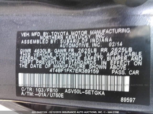 4T4BF1FK7ER389159 - 2014 TOYOTA CAMRY L/SE/LE/XLE 灰色 照片 9