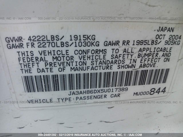 JA3AH86DX5U017389 - 2005 MITSUBISHI LANCER EVOLUTION WHITE photo 9