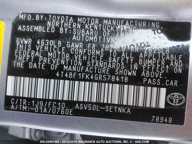 4T4BF1FK4GR578418 - 2016 TOYOTA CAMRY LE/XLE/SE/XSE 银色 照片 9
