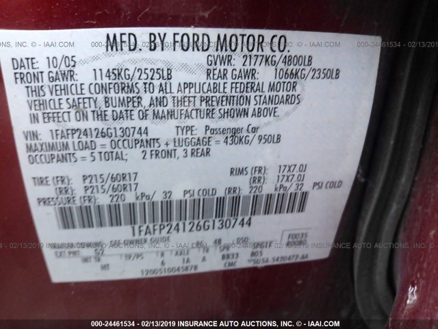 1FAFP24126G130744 - 2006 FORD FIVE HUNDRED SEL RED photo 9