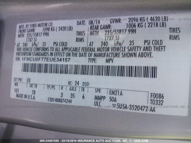 1FMCU0F77EUE34157 - 2014 FORD ESCAPE S SILVER photo 9