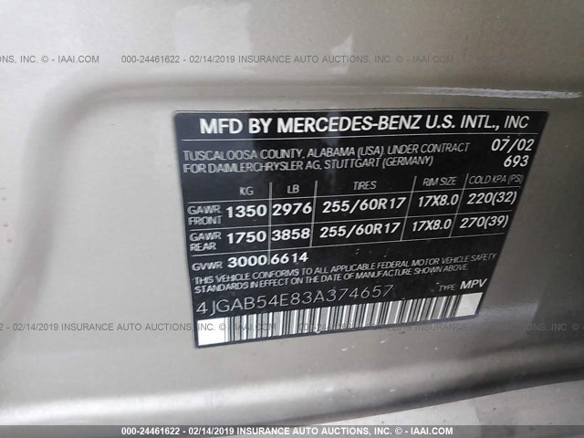 4JGAB54E83A374657 - 2003 MERCEDES-BENZ ML 320 GOLD photo 9