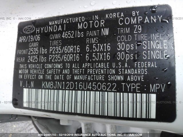 KM8JN12D16U450622 - 2006 HYUNDAI TUCSON GLS/LIMITED 白色 照片 9