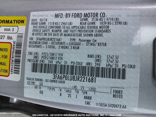 3FA6P0LU8JR221681 - 2018 FORD FUSION SE HYBRID SILVER photo 9