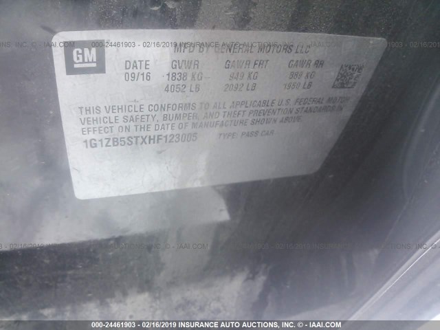 1G1ZB5STXHF123005 - 2017 CHEVROLET MALIBU LS BLACK photo 9