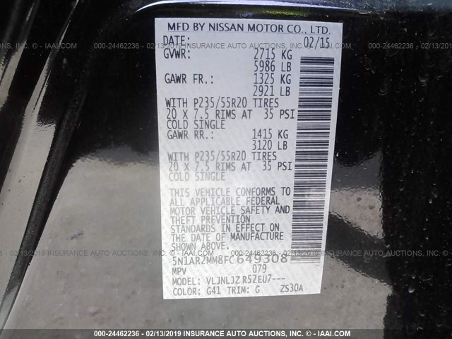 5N1AR2MM8FC649308 - 2015 NISSAN PATHFINDER S/SV/SL/PLATINUM BLACK photo 9