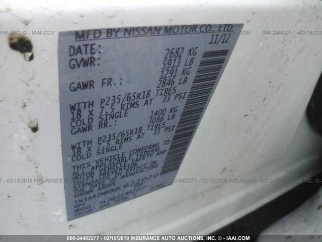 5N1AR2MM9DC622020 - 2013 NISSAN PATHFINDER S/SV/SL/PLATINUM WHITE photo 9