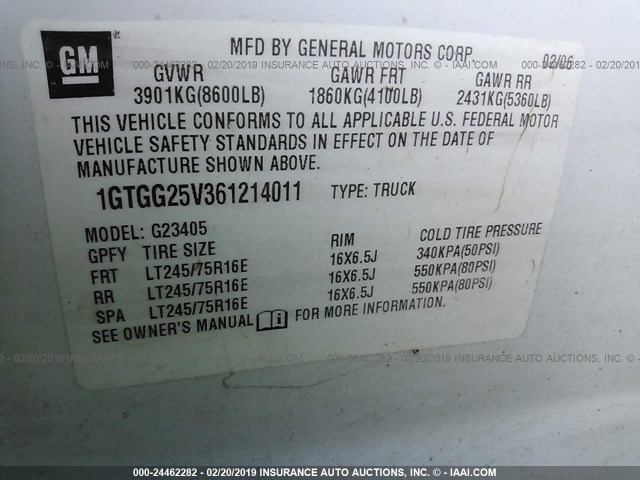 1GTGG25V361214011 - 2006 GMC SAVANA G2500 BLUE photo 9