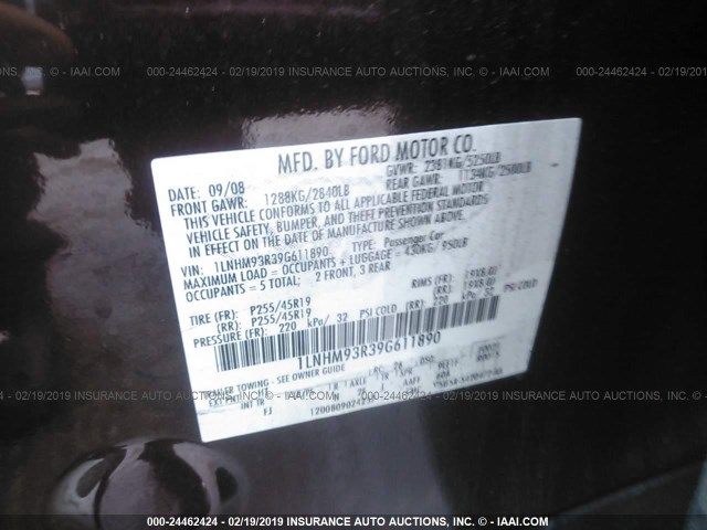 1LNHM93R39G611890 - 2009 LINCOLN MKS MAROON photo 9