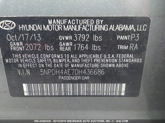 5NPDH4AE7DH436686 - 2013 HYUNDAI ELANTRA GLS/LIMITED GRAY photo 9