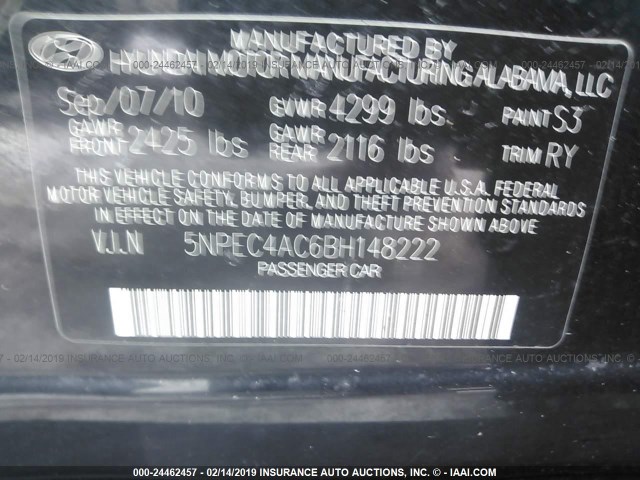 5NPEC4AC6BH148222 - 2011 HYUNDAI SONATA SE/LIMITED BLACK photo 9