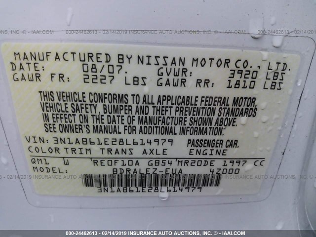 3N1AB61E28L614979 - 2008 NISSAN SENTRA 2.0/2.0S/2.0SL WHITE photo 9