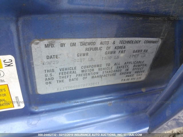 KL1TD66687B733841 - 2007 CHEVROLET AVEO LS BLUE photo 9