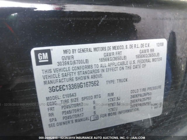 3GCEC13369G167562 - 2009 CHEVROLET SILVERADO C1500 BLACK photo 9