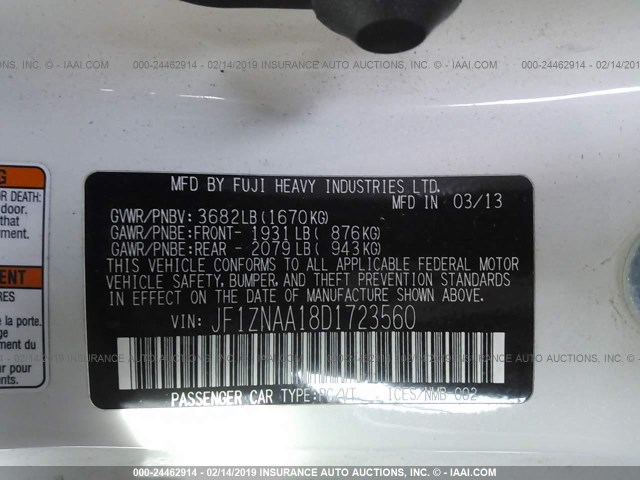 JF1ZNAA18D1723560 - 2013 TOYOTA SCION FR-S WHITE photo 9