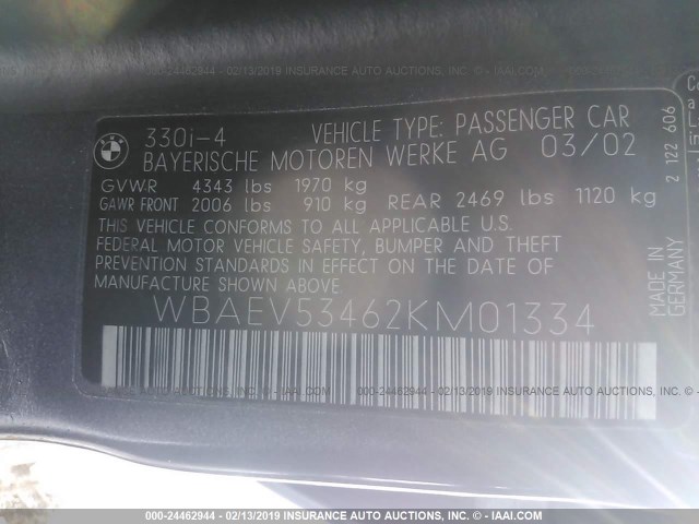 WBAEV53462KM01334 - 2002 BMW 330 I GRAY photo 9