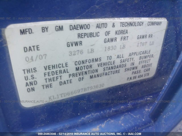 KL1TD66697B793630 - 2007 CHEVROLET AVEO LS BLUE photo 9