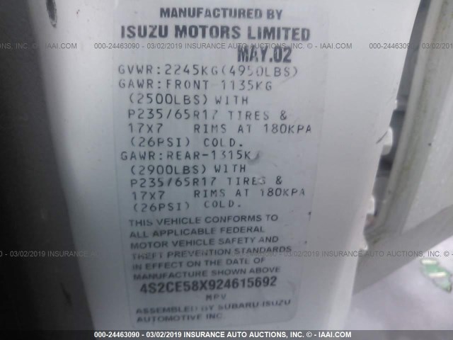 4S2CE58X924615692 - 2002 ISUZU AXIOM XS Ağ foto 9