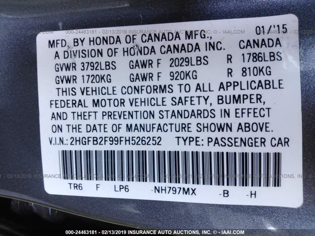 2HGFB2F99FH526252 - 2015 HONDA CIVIC EXL GRAY photo 9