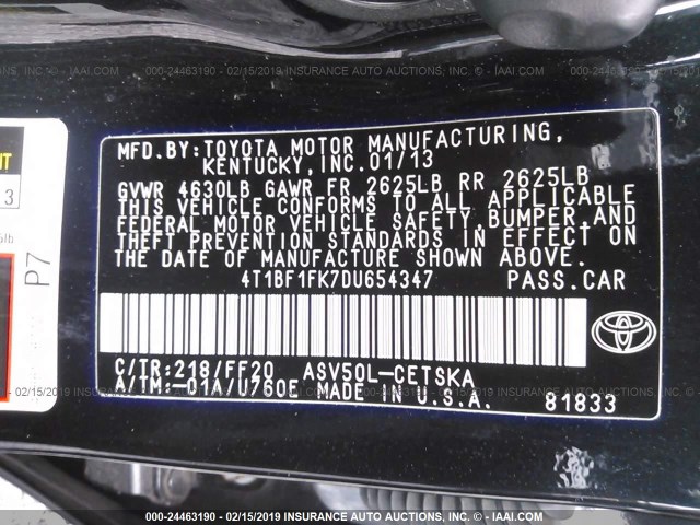 4T1BF1FK7DU654347 - 2013 TOYOTA CAMRY L/SE/LE/XLE BLACK photo 9