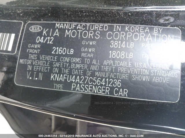 KNAFU4A27C5641236 - 2012 KIA FORTE EX BLACK photo 9